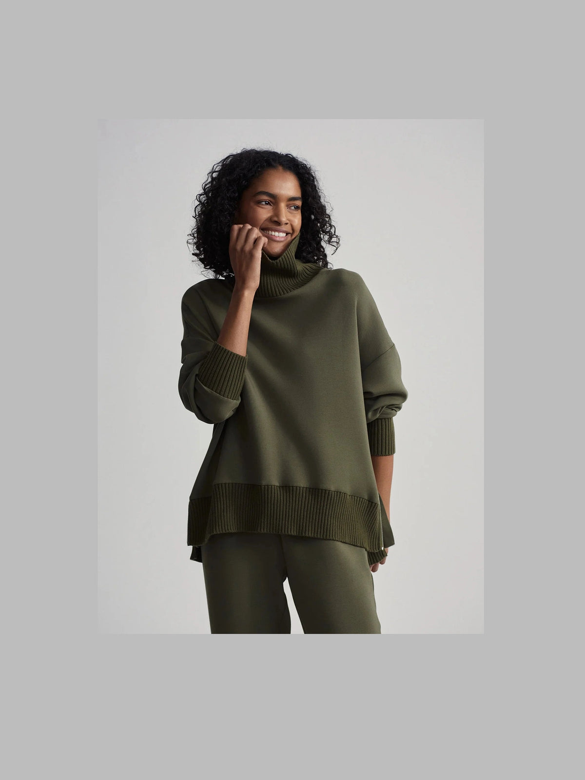 Women's olive marl high neck sweatshirt with oversized fit and ribbed details
