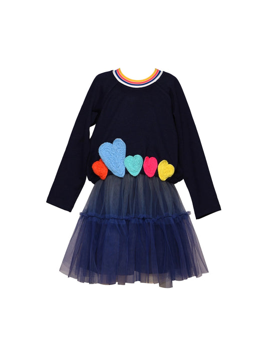 Navy blue two-layered girls dress with heart trim and ombre tutu mesh flat lay