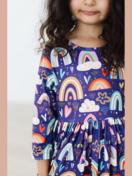 Midnight Rainbow 3/4 Sleeve Pocket Twirl Dress