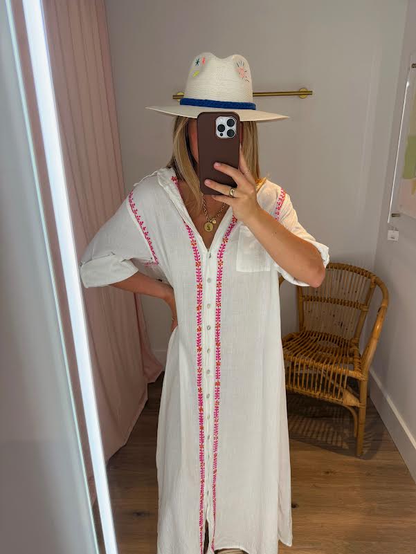 White with Pink Coral Maxi Dress
