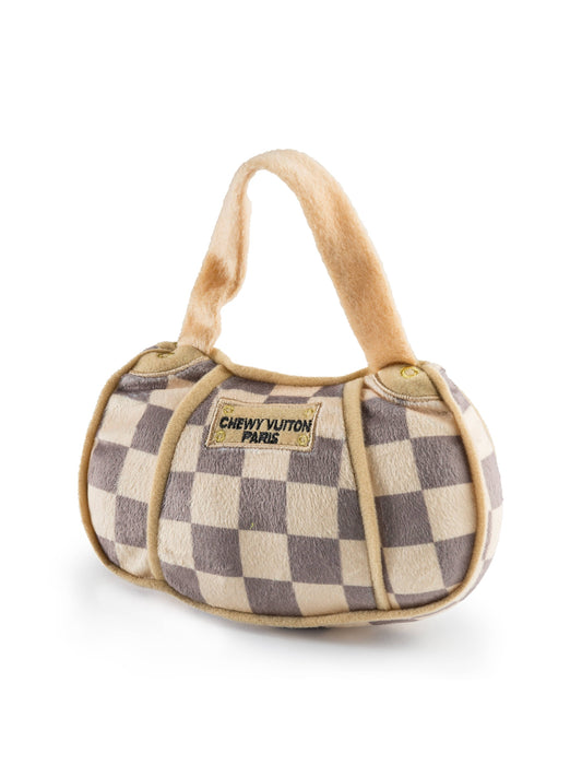 Tan Checker Chewy Vuiton Handbag | Plush Squeaker Dog Toy