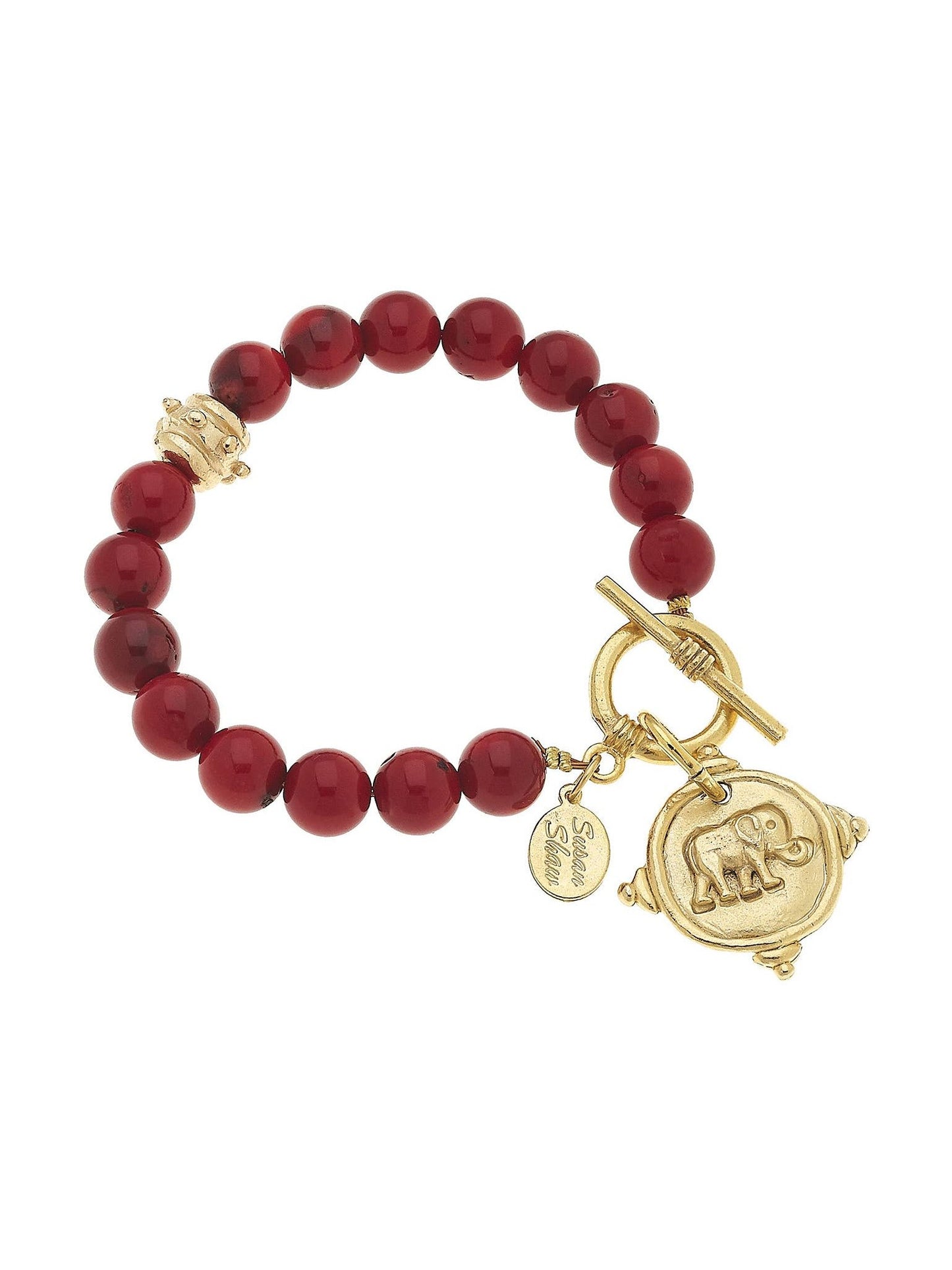 Gold Elephant on Red Coral Bracelet