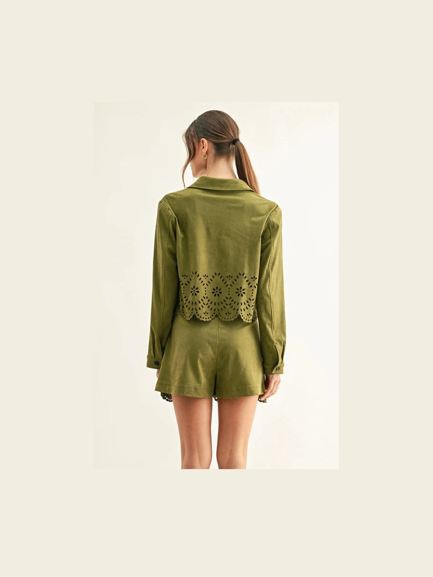 Lucia Eyelet Faux Suede Cropped Shirt