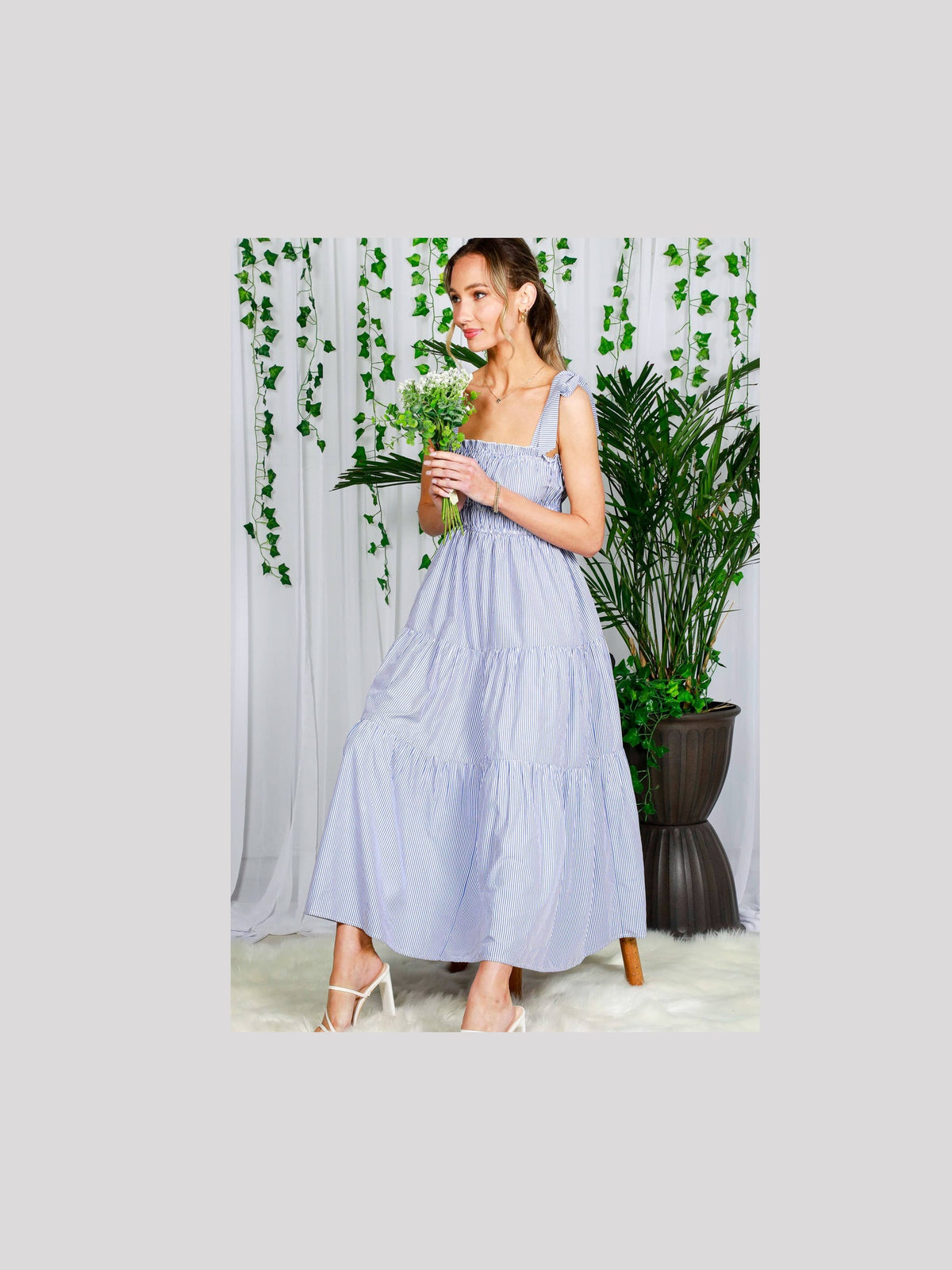 Square Neck Shoulder Striped Sleeveless Maxi Dress VD60504