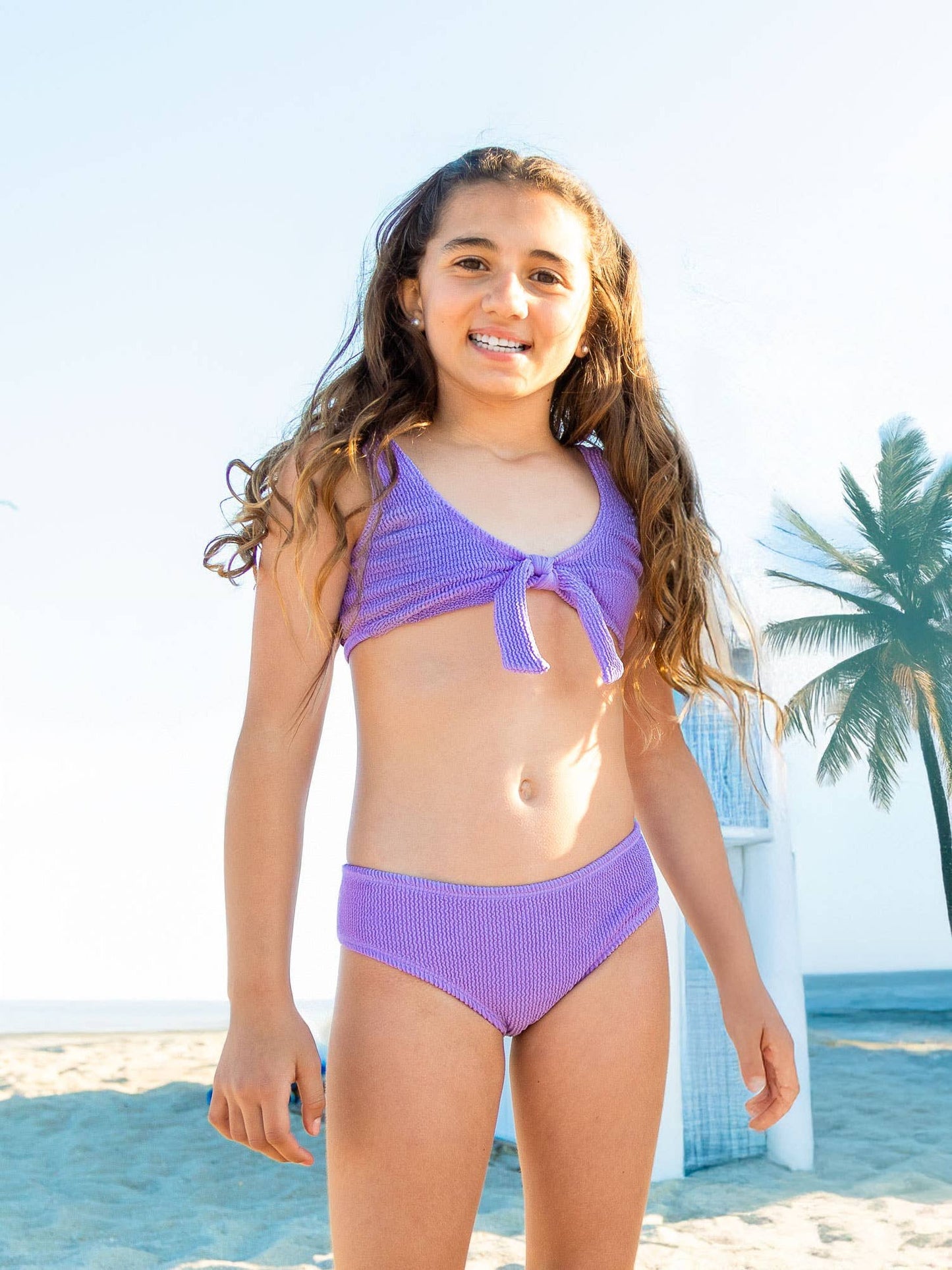 Izy Crinkle Tie Front Bikini Swimsuit Set - Amethyst