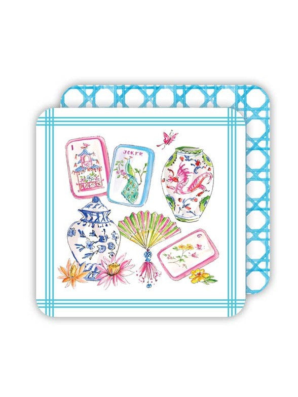 Mahjong Icons Pots Fan Tiles and Flowers Square Coaster