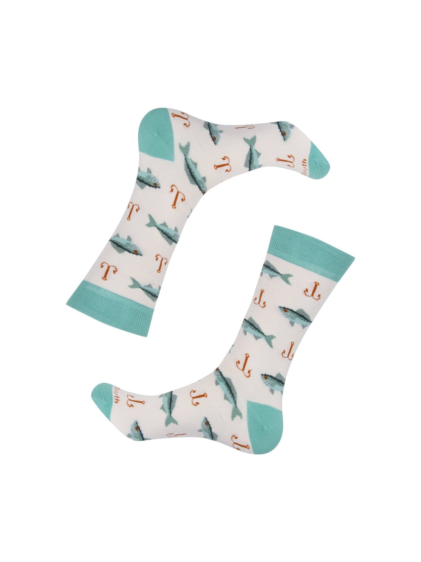 Pair of unisex fishing socks featuring all-over teal fish and orange hook design on white background