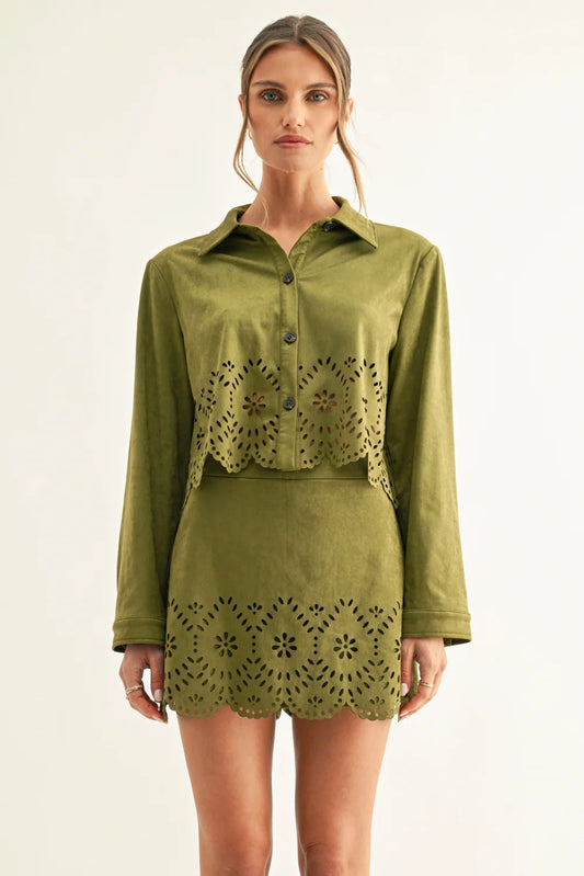 Lucia Eyelet Faux Suede Cropped Shirt