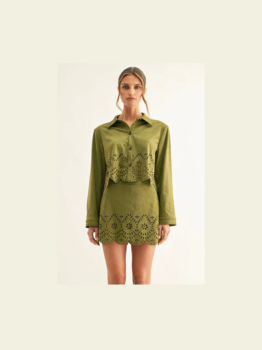 Lucia Eyelet Faux Suede Cropped Shirt