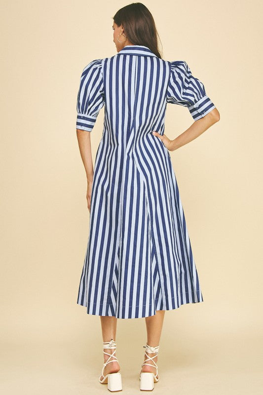 Navy Stripe V-Neck Midi Dress