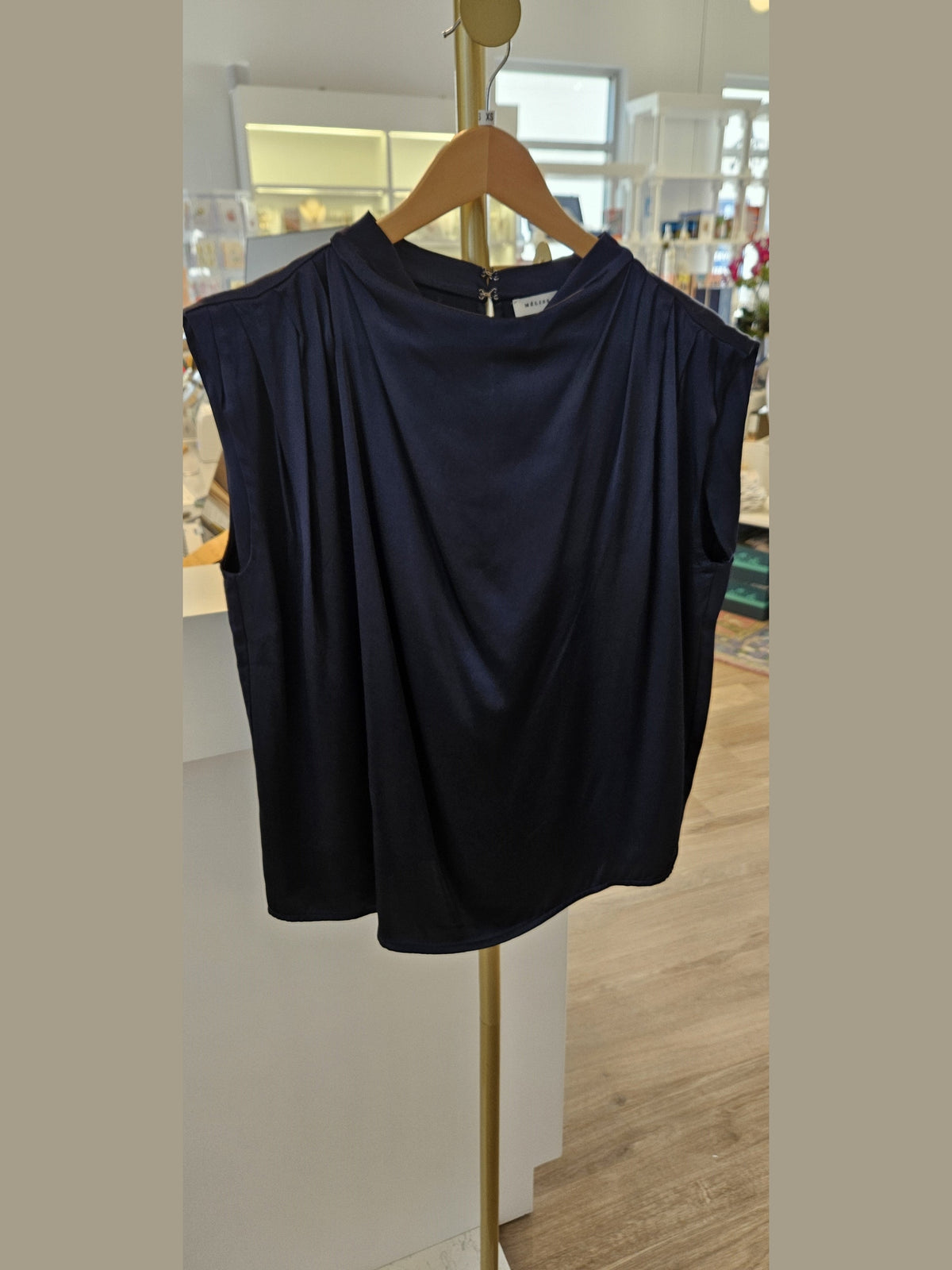 Midnight blue satin sleeveless top with keyhole back detail