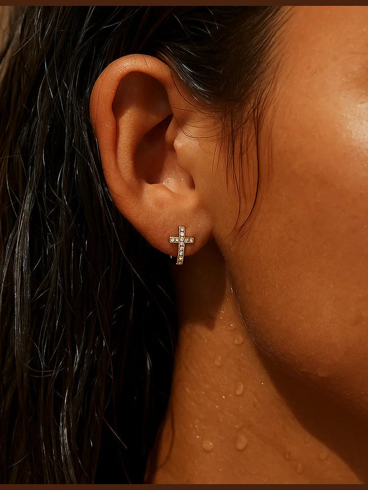Ridge Cross Huggie Hoop Earring