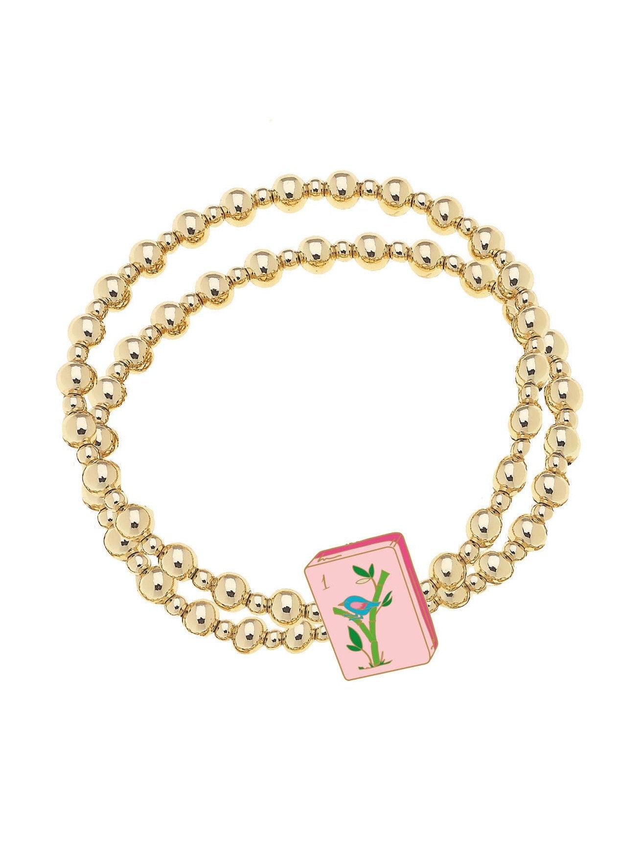 Mahjong 2-Row Ball Bead Stretch Bracelet in Shiny Gold