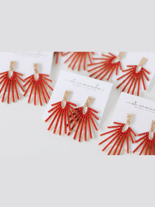 Red Sunburst Statement Drop Earrings