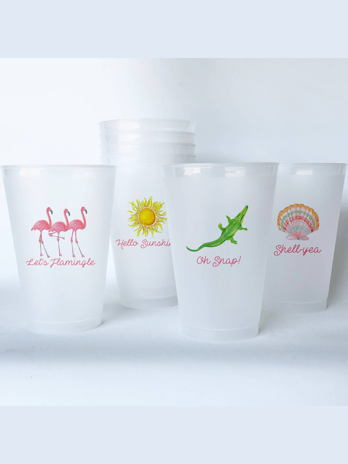 Set of 8 Florida-themed 20 oz frosted plastic cups with flamingo, sun, alligator, and shell designs