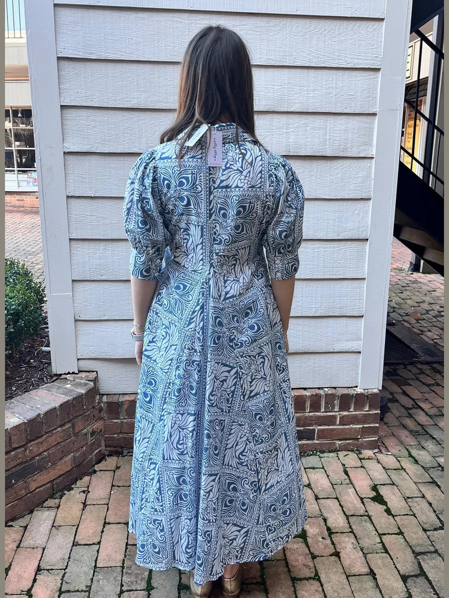 Montauk Dress in Blue with White Geometric Pattern
