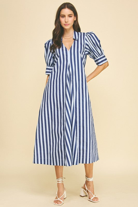 Navy Stripe V-Neck Midi Dress
