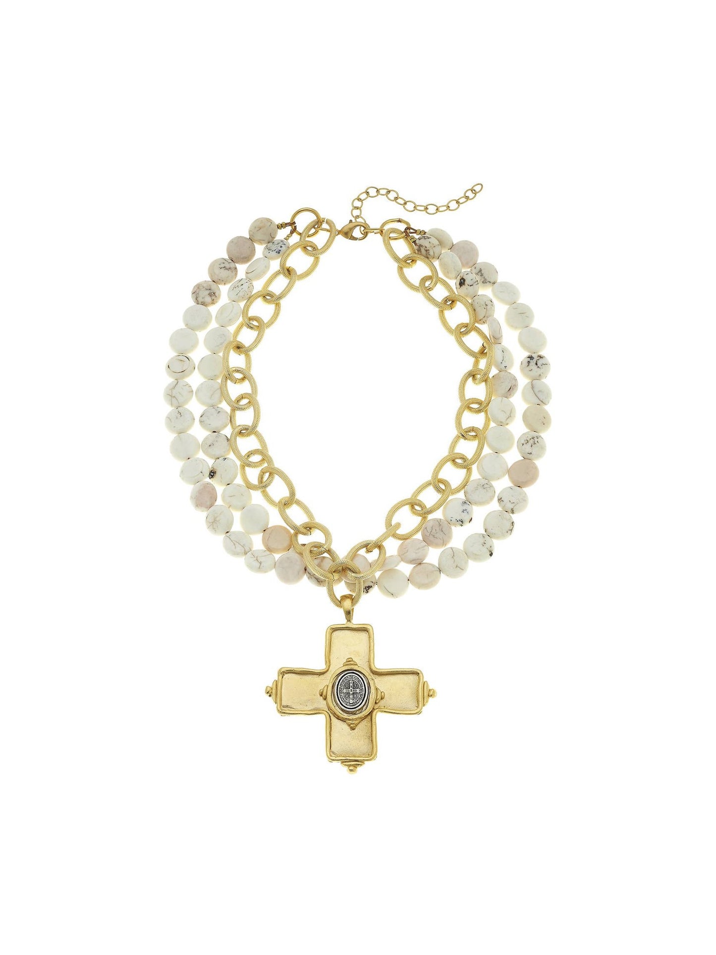 Gold Cross with St Benedict and White Turquoise.
