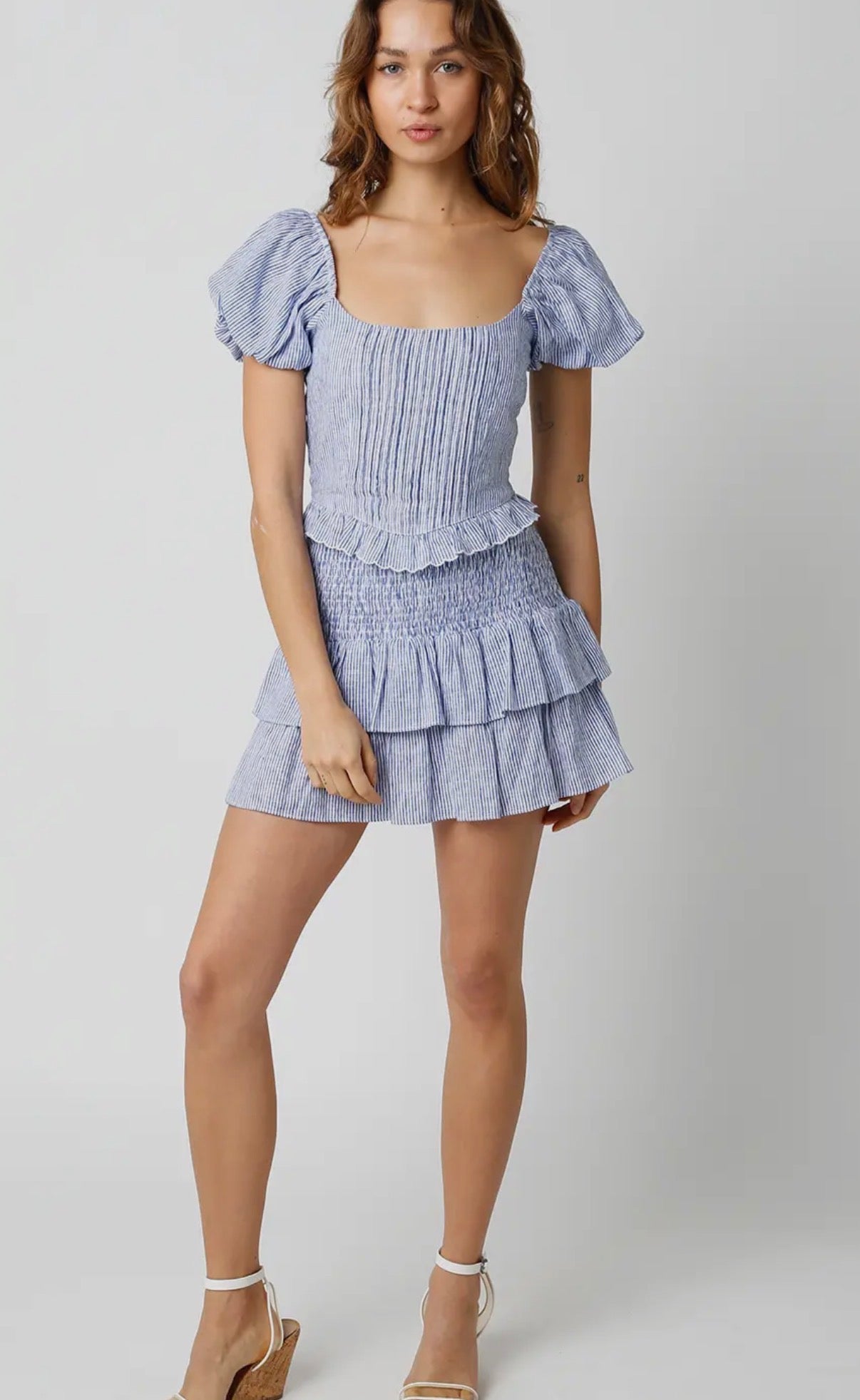 Striped Denim Ruffle Mini Skirt
