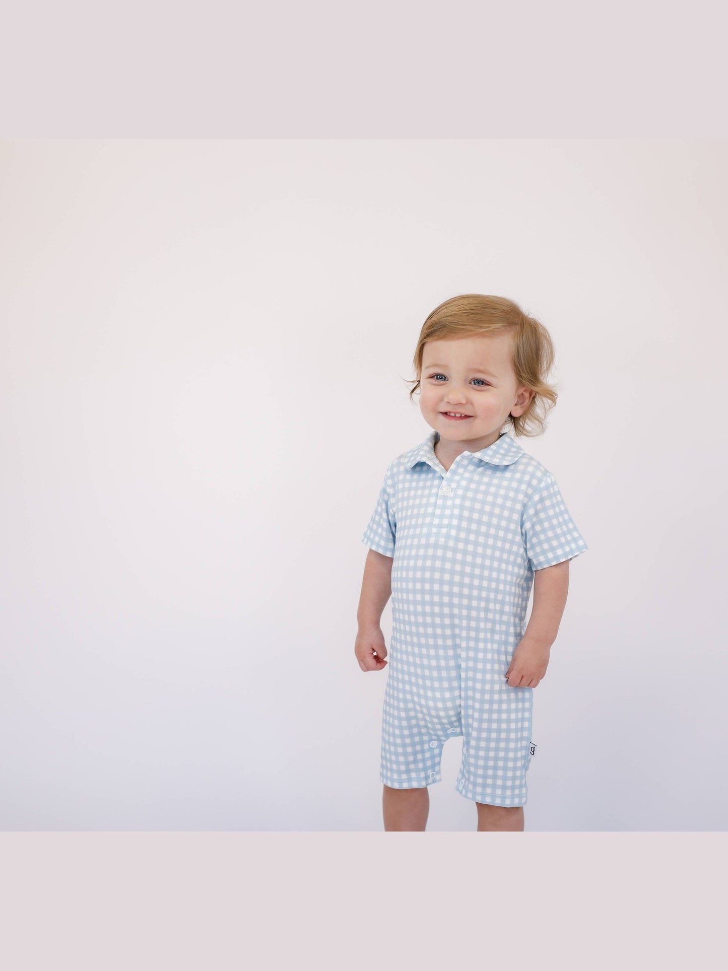 Short Sleeve Polo Romper -Blue Gingham