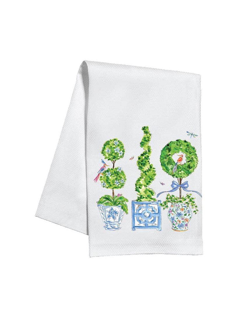 Blue Enchanted Boxwood Topiaries Kitchen Towel