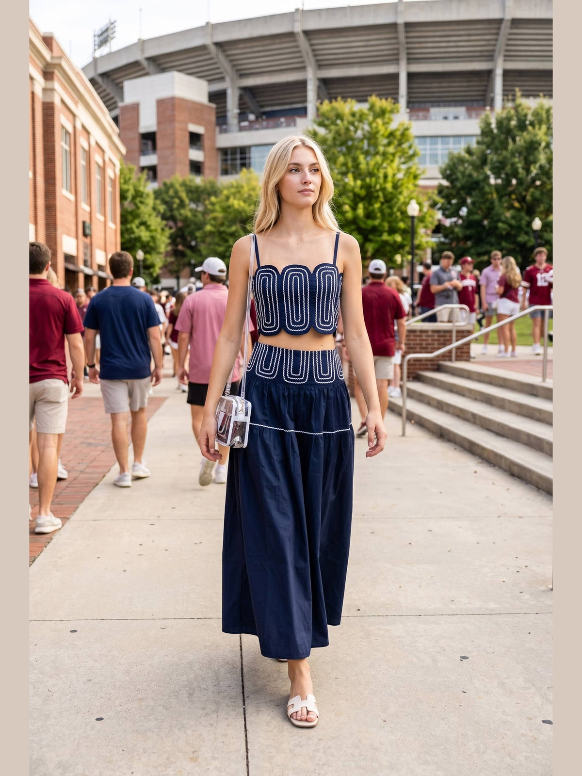 Lace Trimmed Skirt Set - Navy & White