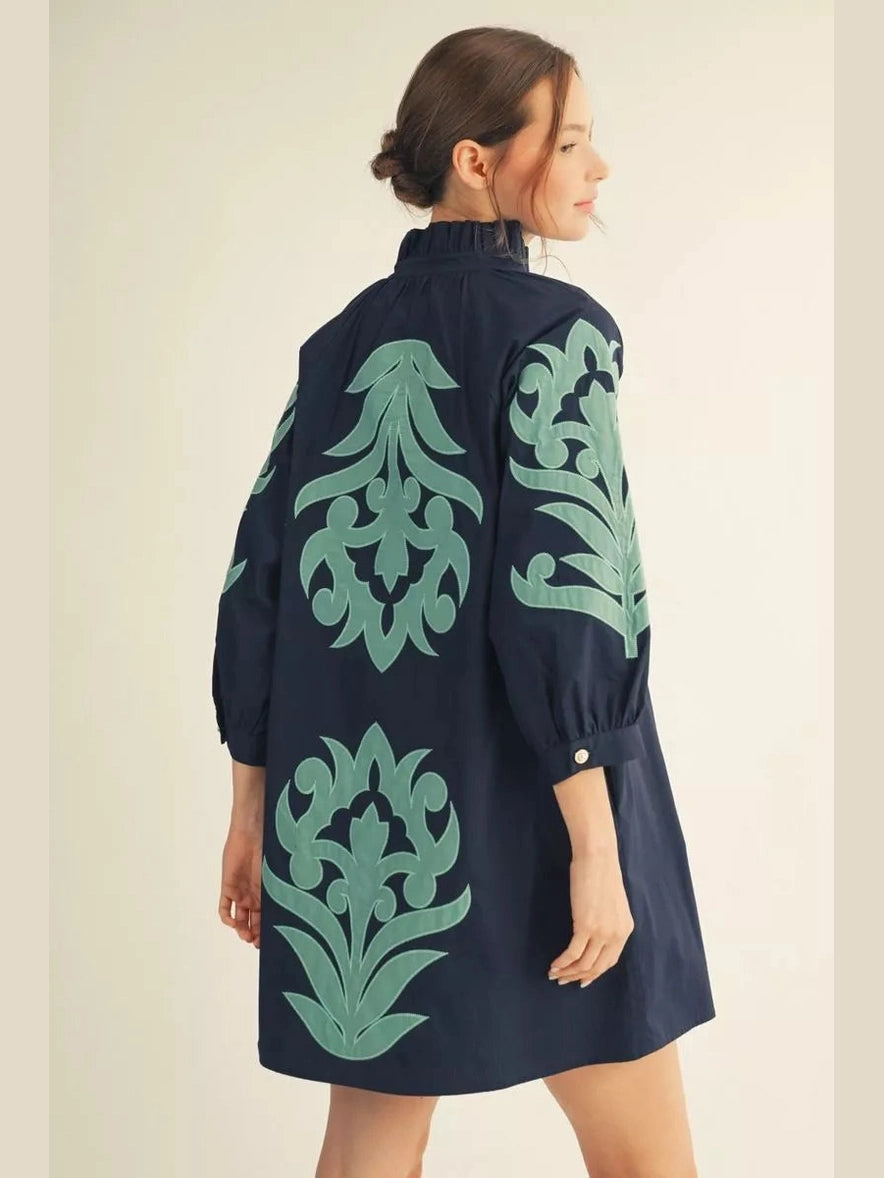 Aqua Applique Floral Mini Dress
