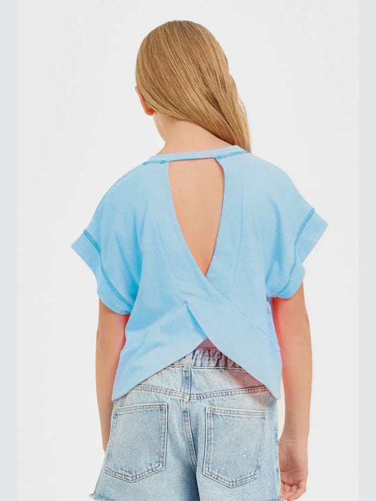 Open back tee girls U-shaped cutout detail