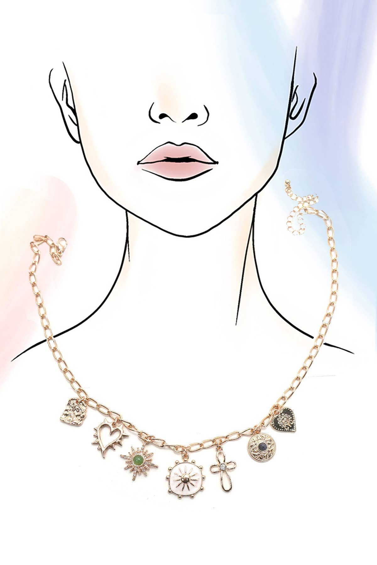 Charm Necklace Heart, Cross, Sunburst, Stone