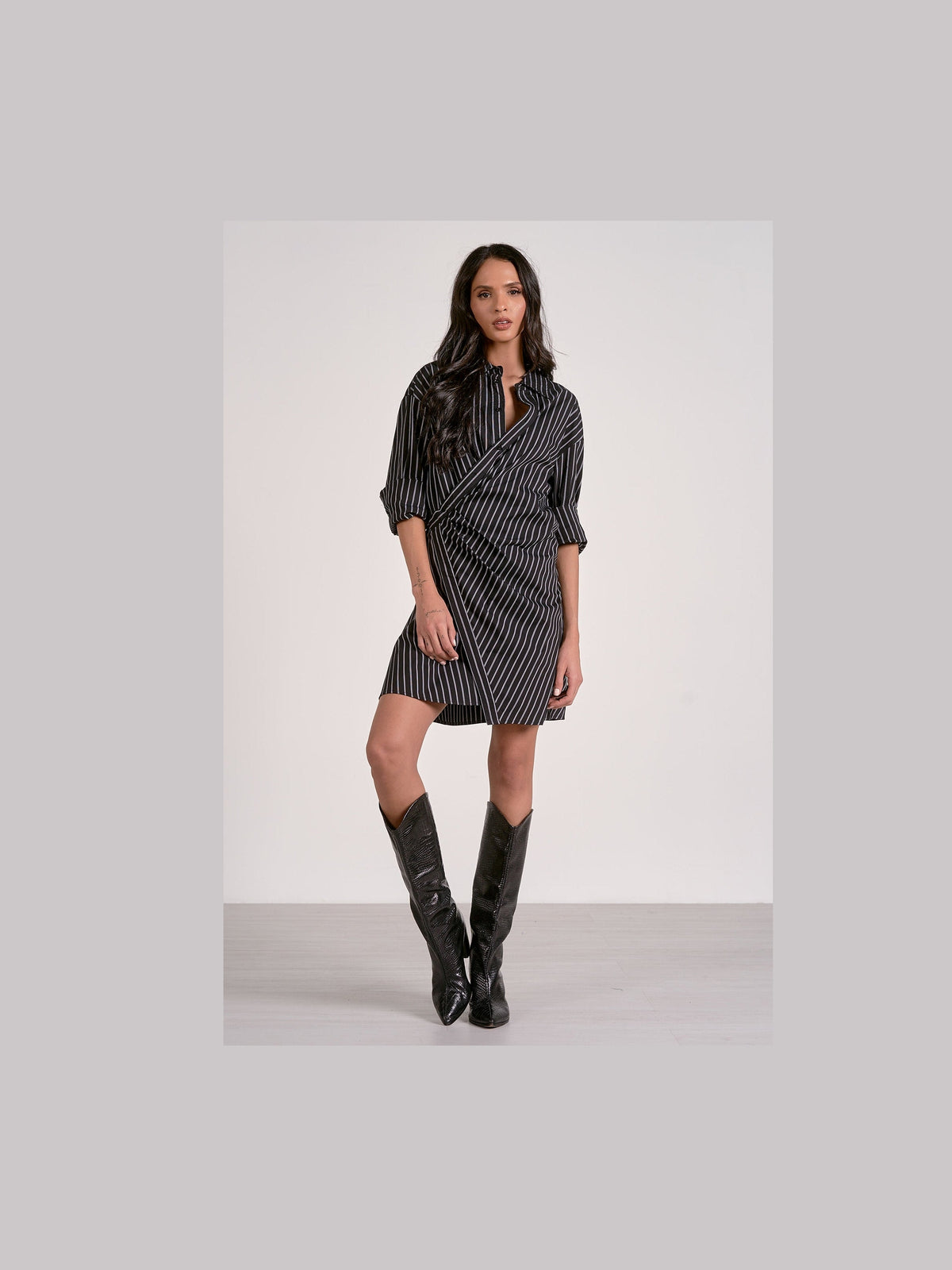 Black Pinstripe Crossover Dress