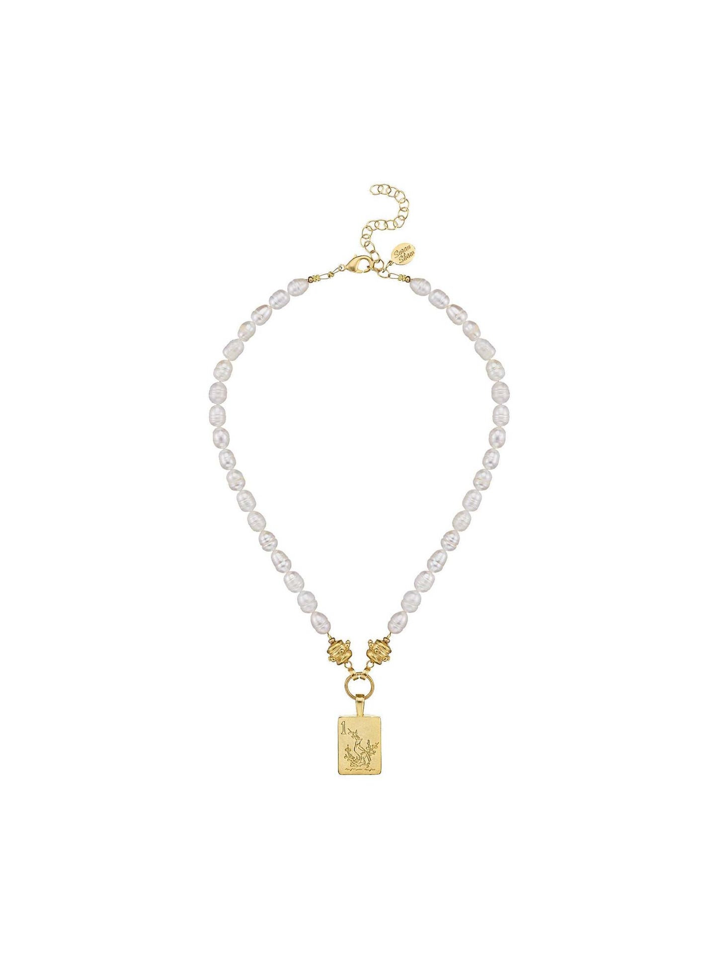 1 Bam Bird Mahjong Tile Pearl Necklace