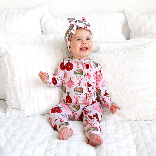 Kit Ornaments Ruffle Zip Christmas Ruffle bamboo baby one piece outfit
