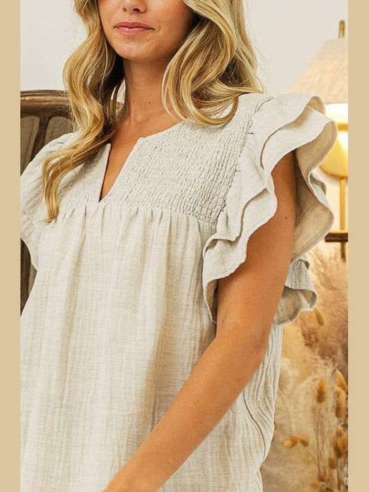 Crinkle Gauze Ruffle Smocked Yoke Top