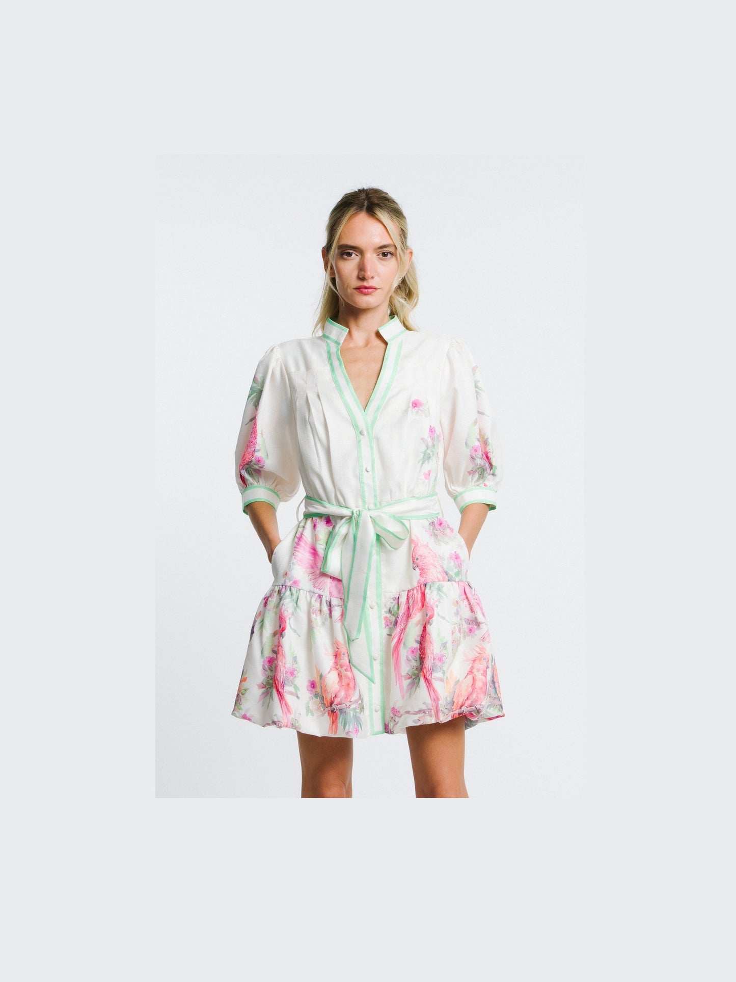 Ashton Bird Print Mini Shirt Dress