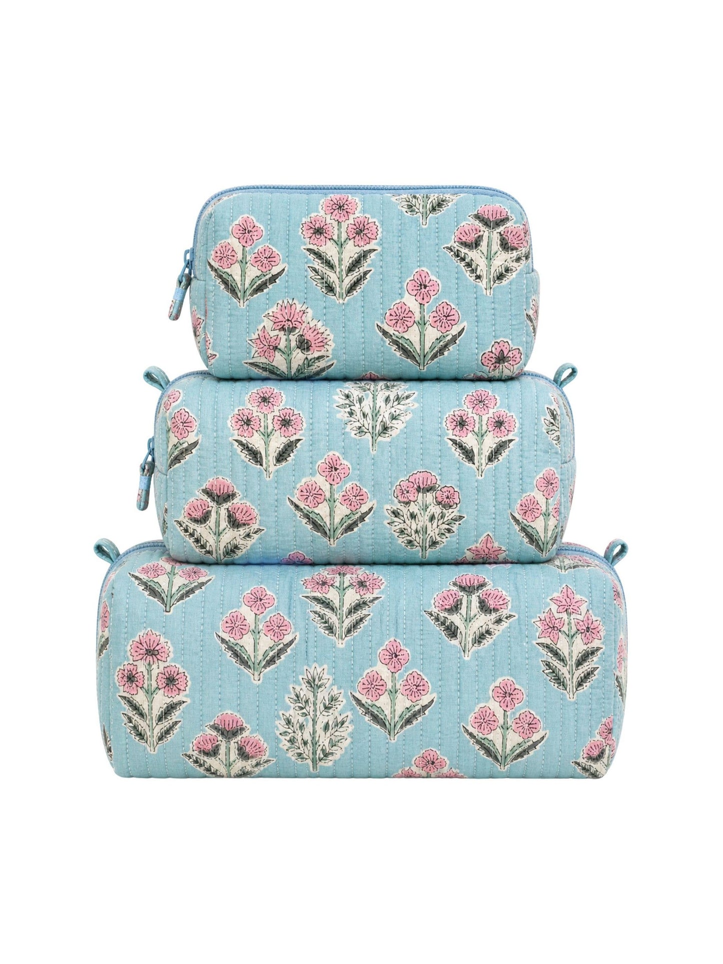 Light Blue Floral Quilted Toiletry Bag Set