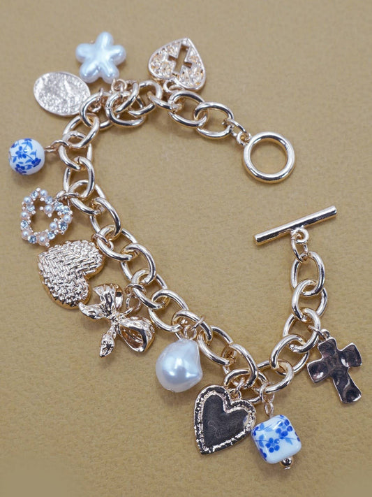 Blue Ceramic Porcelain Heart Cross Heart Bow Toggle Bracelet