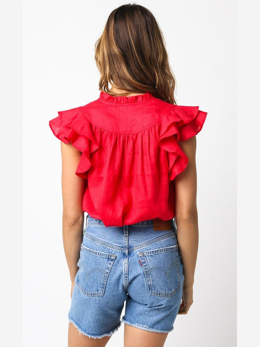 Linen Top with Ruffle Cap Sleeve