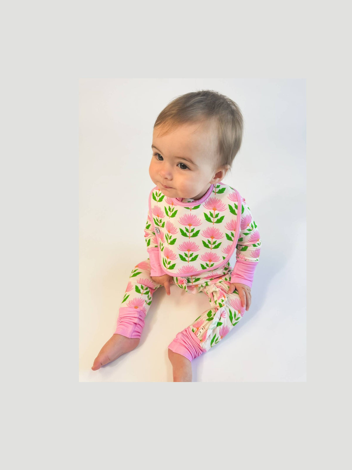 Pink Block Print Flowers - Bib Set