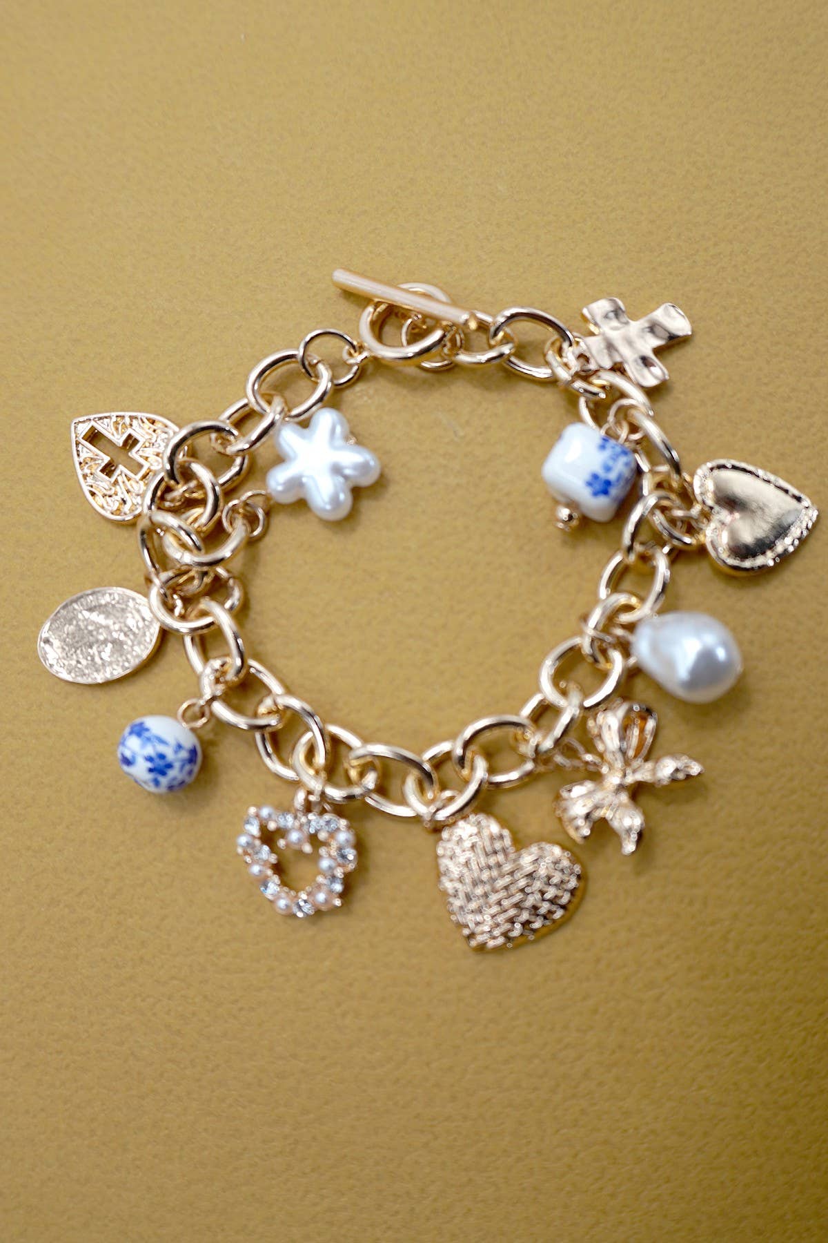 Blue Ceramic Porcelain Heart Cross Heart Bow Toggle Bracelet