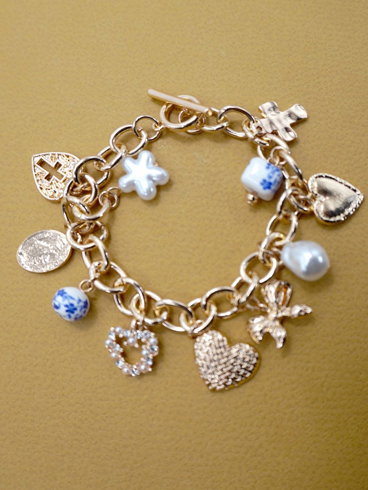 Blue Ceramic Porcelain Heart Cross Heart Bow Toggle Bracelet