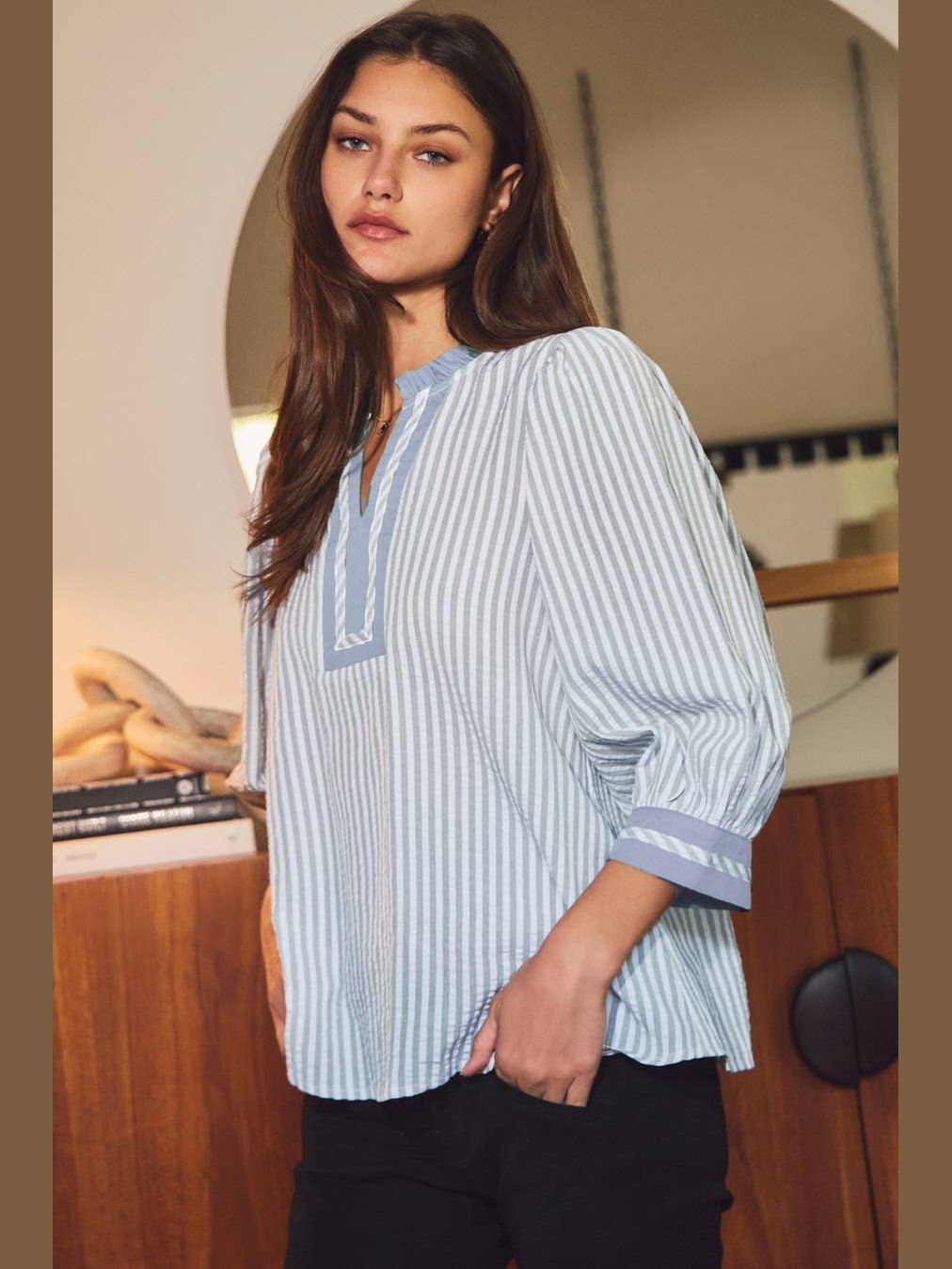 Bay Blue Striped Woven Blouse