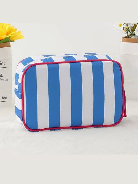 Color-Blocked Striped Pouch Bow Tassel Zipper Makeup Bag