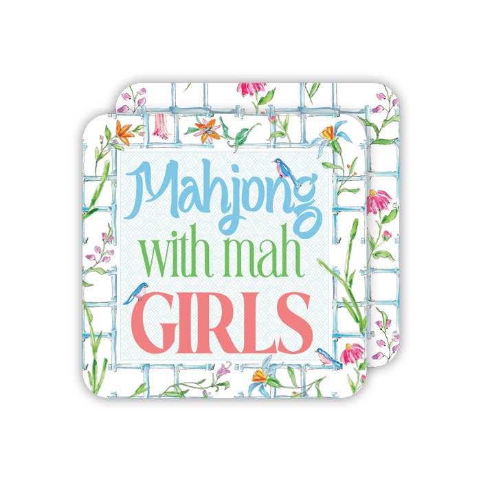 Mahjong With Mah Girls Bamboo with Flowers Die-Cut Coaster