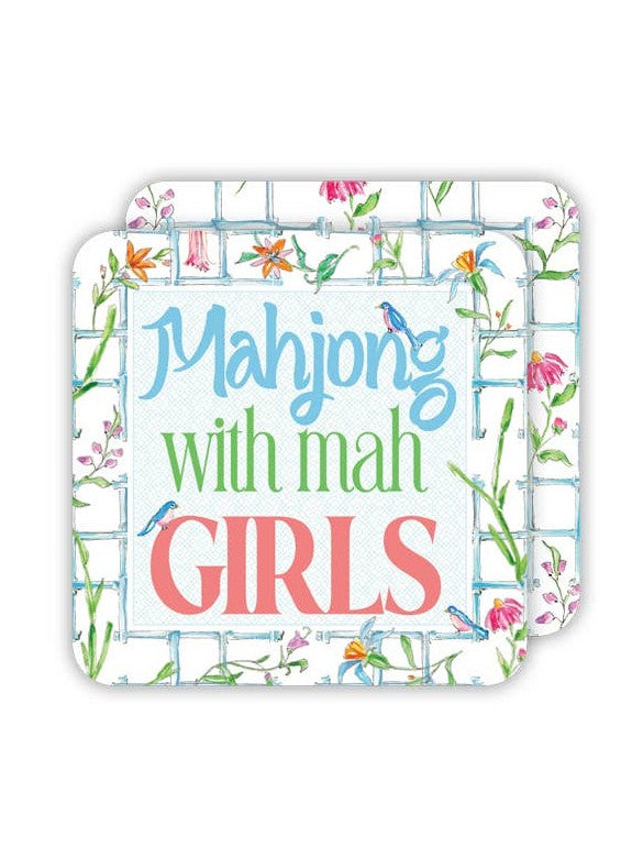 Mahjong With Mah Girls Bamboo with Flowers Die-Cut Coaster