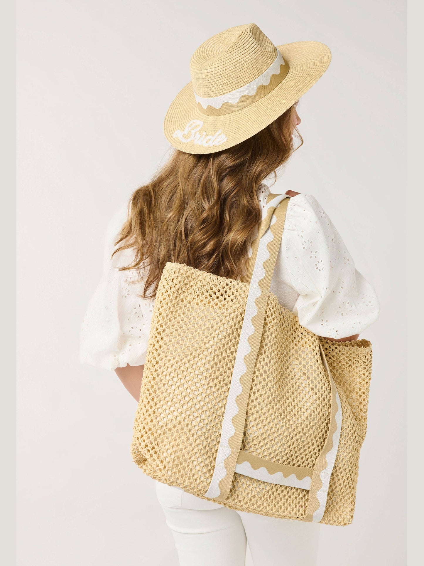 "BRIDE" HAT AND TOTE SET,NATURAL