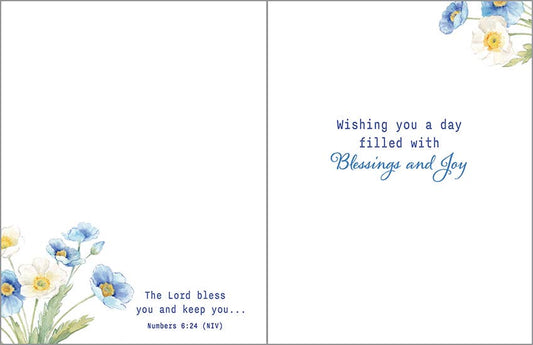 With Scripture Birthday Card - Blue Flowers in China Vase