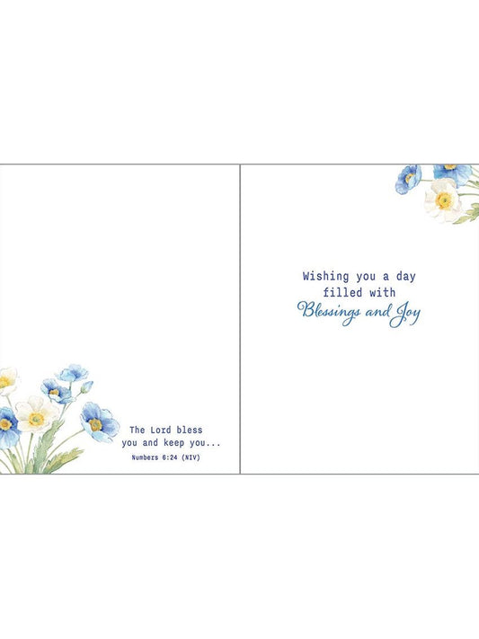 With Scripture Birthday Card - Blue Flowers in China Vase