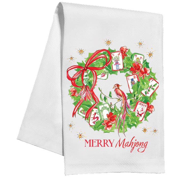 Merry Mahjong Wreath Red & Green Mahjong Tiles Kitchen Towel