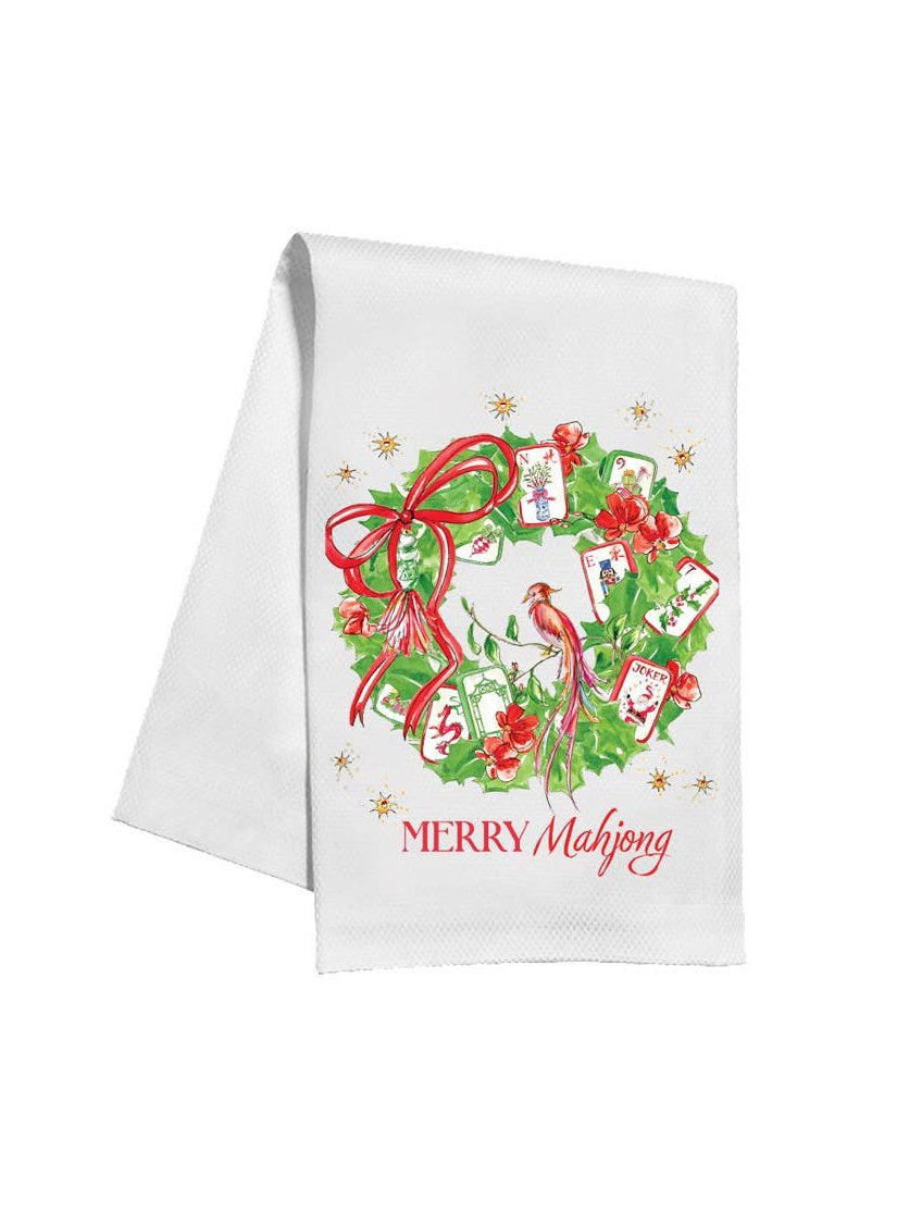 Merry Mahjong Wreath Red & Green Mahjong Tiles Kitchen Towel