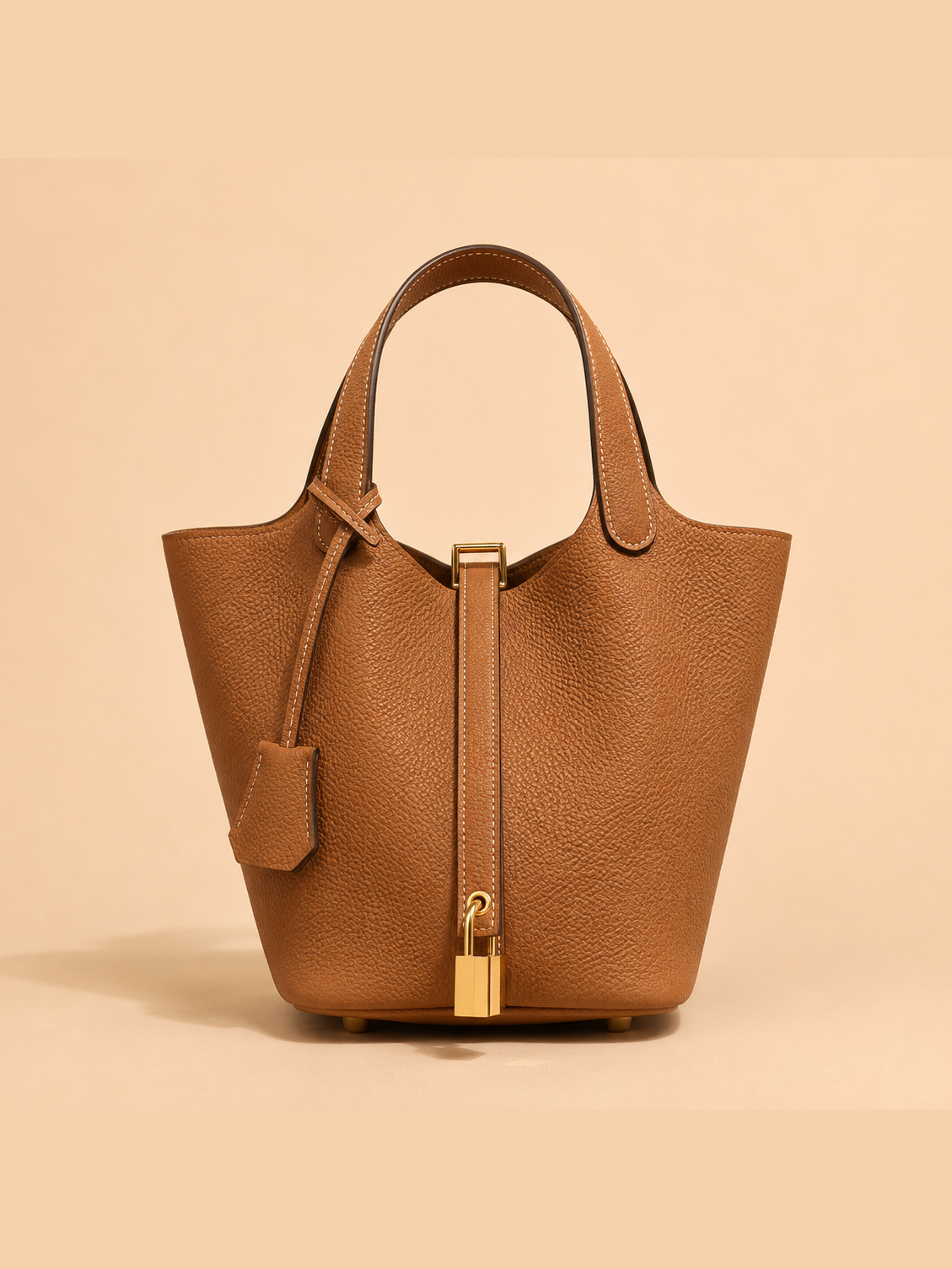 Leather Handbag with Lock - Saddle